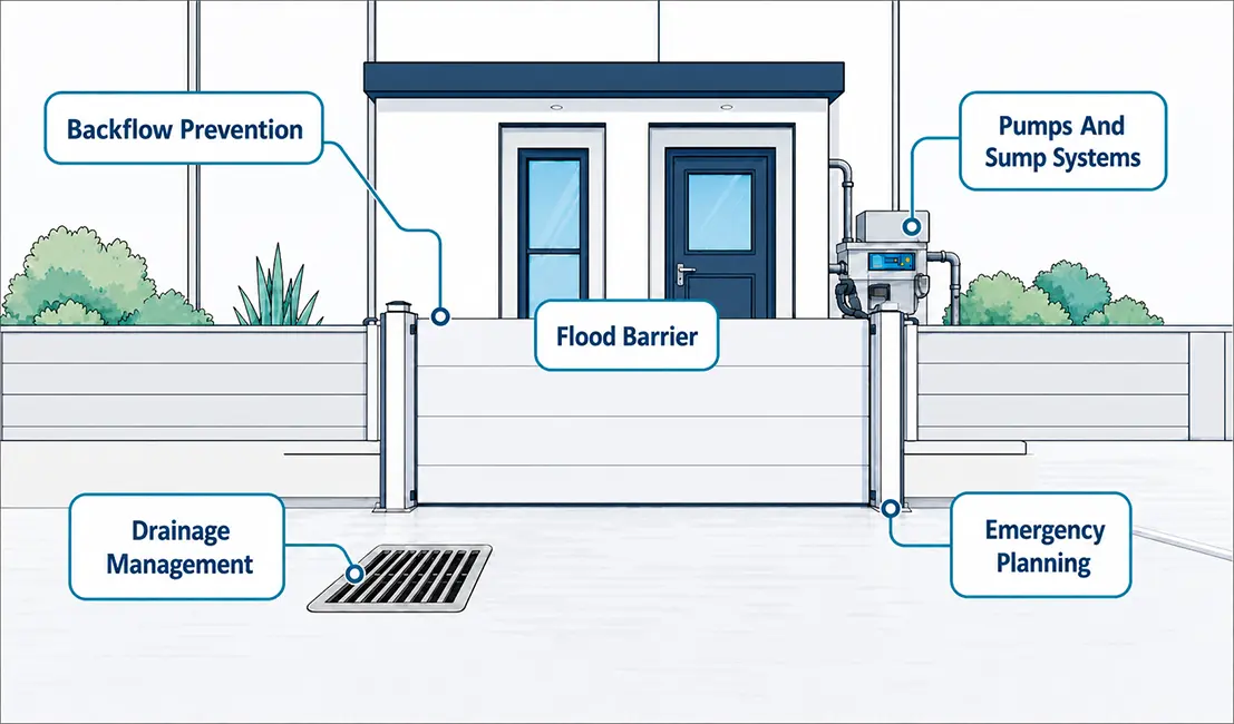 Flood protection infographic showing a flood barrier with backflow prevention, drainage, pumps and emergency planning